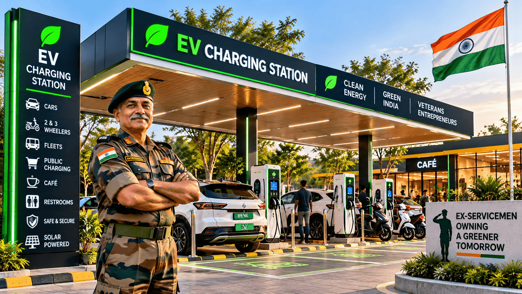 Veteran entrepreneur standing at an EV charging station in India